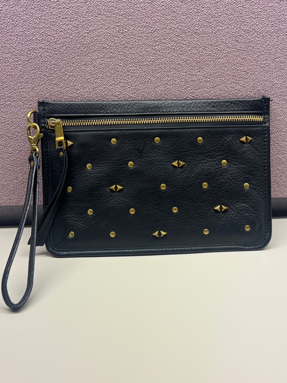 FOSSIL SOFIA Black Studded Leather Wristlet Clutch